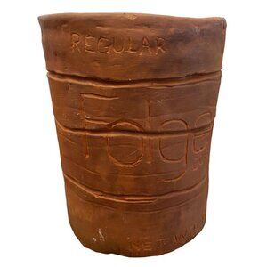 Primitive Clay Pot Pottery Folgers Can Coffee Handmade Signed 5.25" x 4" Origina